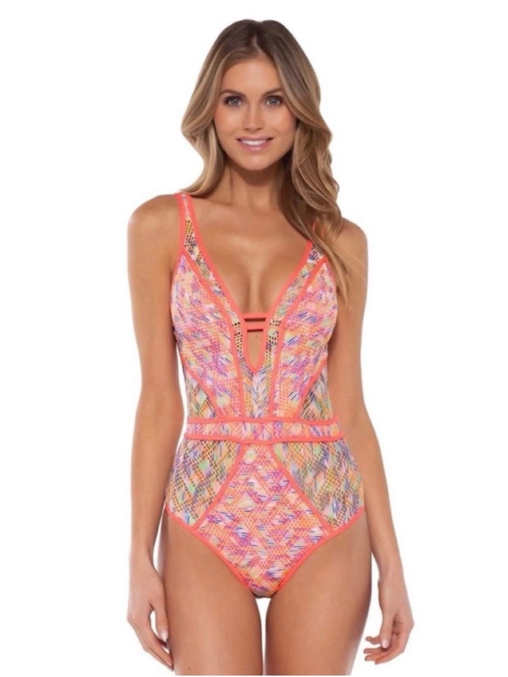 Becca size small Virtue Reveal Crochet Coral Crush One-Piece Swimsuit